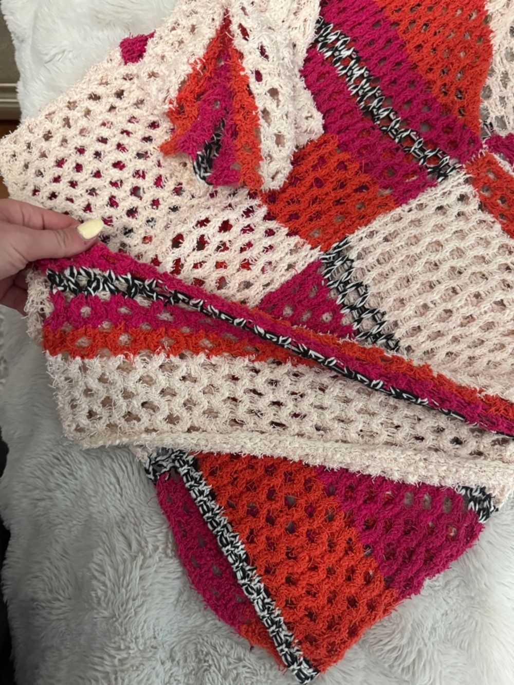 Open-Knit Colorblock Scoop Sweater - Pink, Red & Cream - Picture 4 of 6